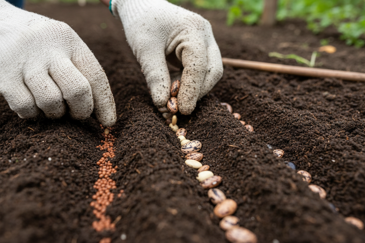 heirloom seeds being sown in rows on soil background